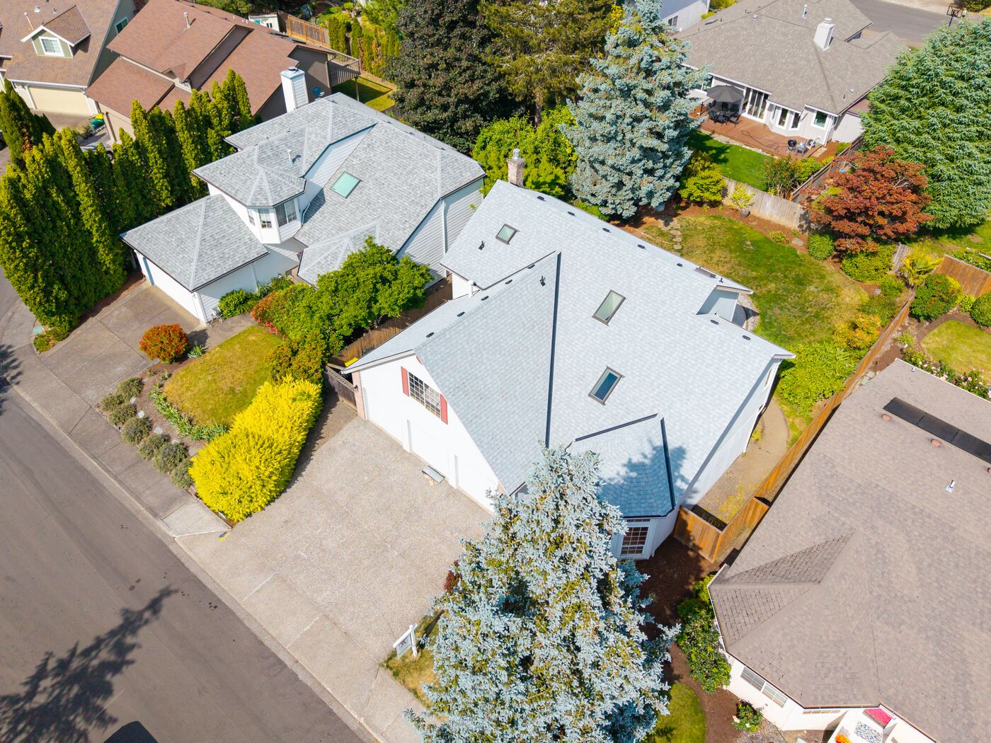 Aerial view of a West Linn, OR roof replacement by Evolution RoofWorks next to a tall blue spruce